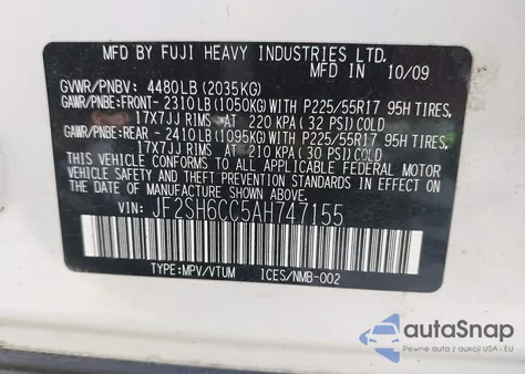 2010 Subaru Forester 2.5X Premium из США, поврежденный, VIN JF2SH6CC5AH747155